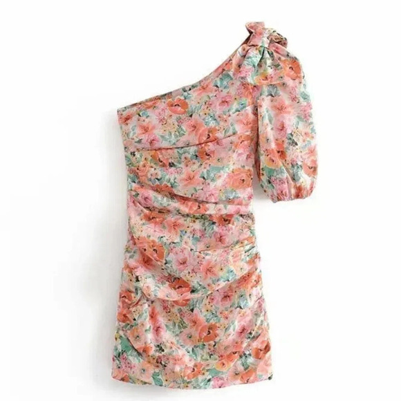 Zara One Shoulder Floral Draped Bodycon Mini Dress Size Small - Picture 7 of 13